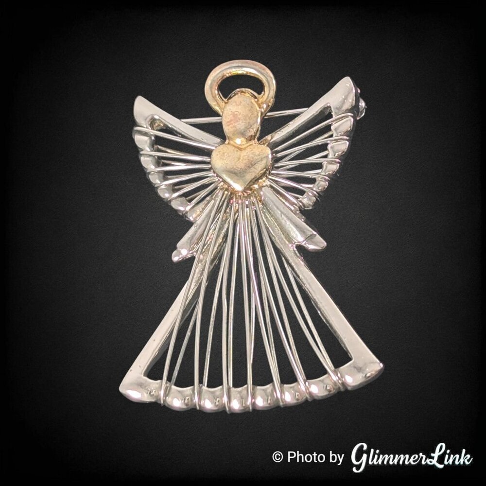 Vintage Angel Brooch Signed TC Two-Tone Silver Tone Gold Tone 80s 90s